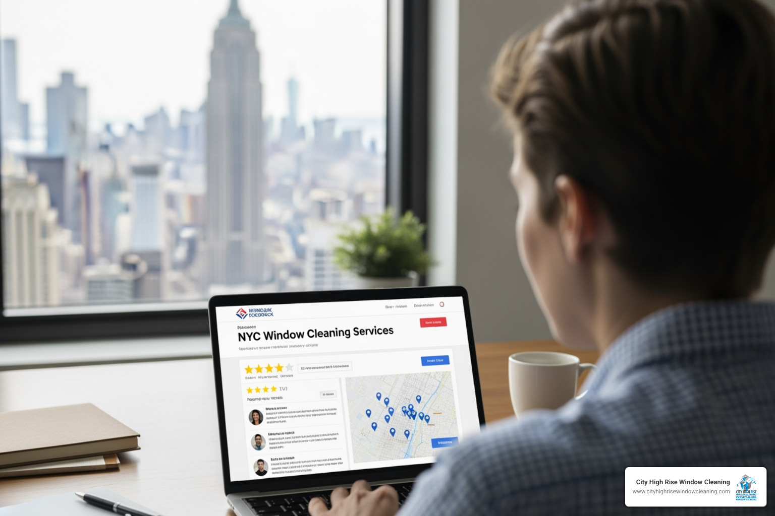 Person reviewing online feedback for NYC window cleaning services on a laptop. - nyc window cleaning services Person reviewing online feedback for NYC window cleaning services on a laptop. - nyc window cleaning services