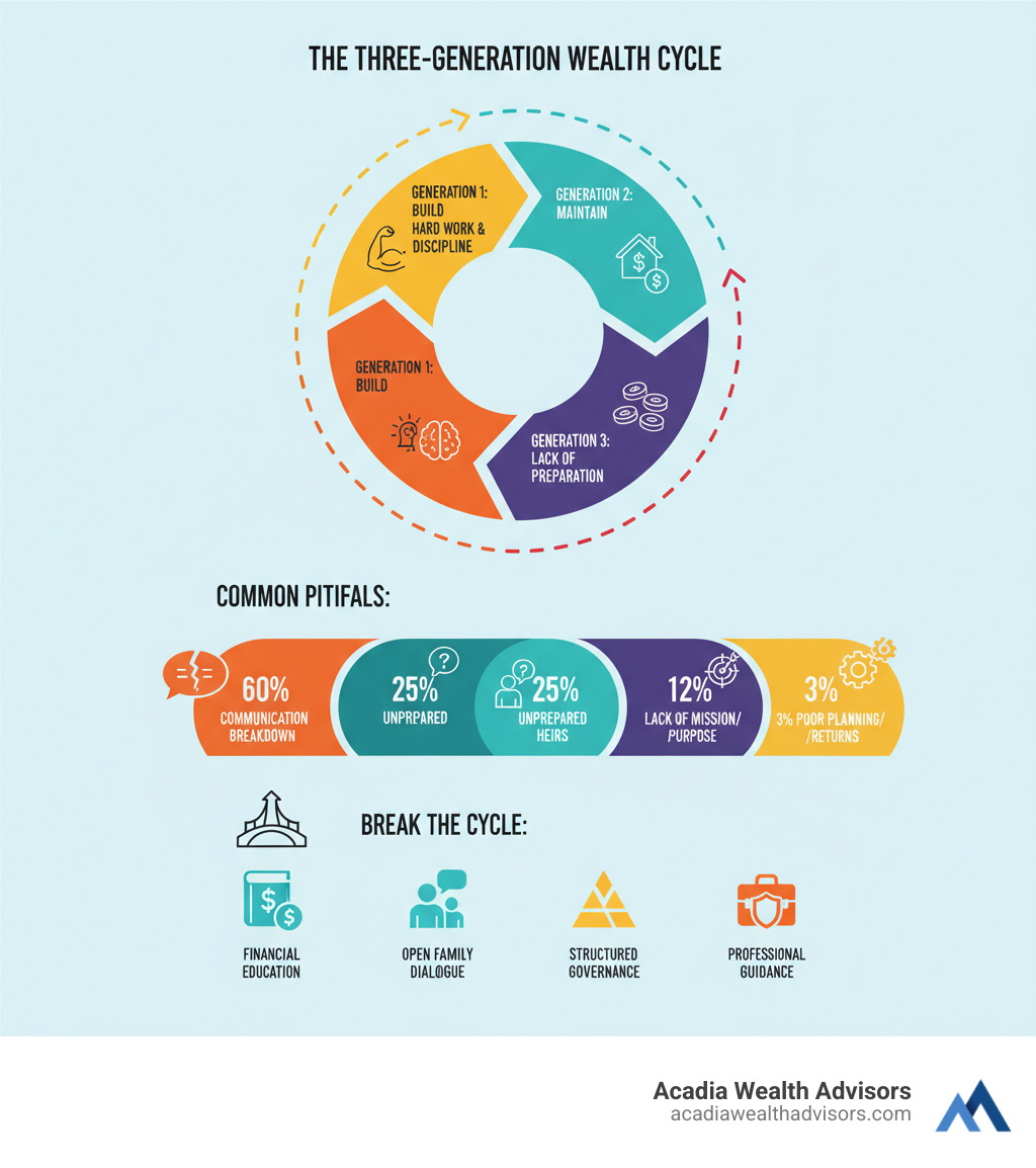 Infographic showing the three-generation wealth cycle: Generation 1 builds wealth through hard work and discipline; Generation 2 maintains wealth but may lack the same drive; Generation 3 often depletes wealth due to lack of preparation. Common pitfalls include communication breakdown, unprepared heirs, and lack of mission. The cycle can be broken through: financial education, open family dialogue, structured governance, and professional guidance. - benefits of multi-generational wealth planning infographic Infographic showing the three-generation wealth cycle: Generation 1 builds wealth through hard work and discipline; Generation 2 maintains wealth but may lack the same drive; Generation 3 often depletes wealth due to lack of preparation. Common pitfalls include communication breakdown, unprepared heirs, and lack of mission. The cycle can be broken through: financial education, open family dialogue, structured governance, and professional guidance. - benefits of multi-generational wealth planning infographic