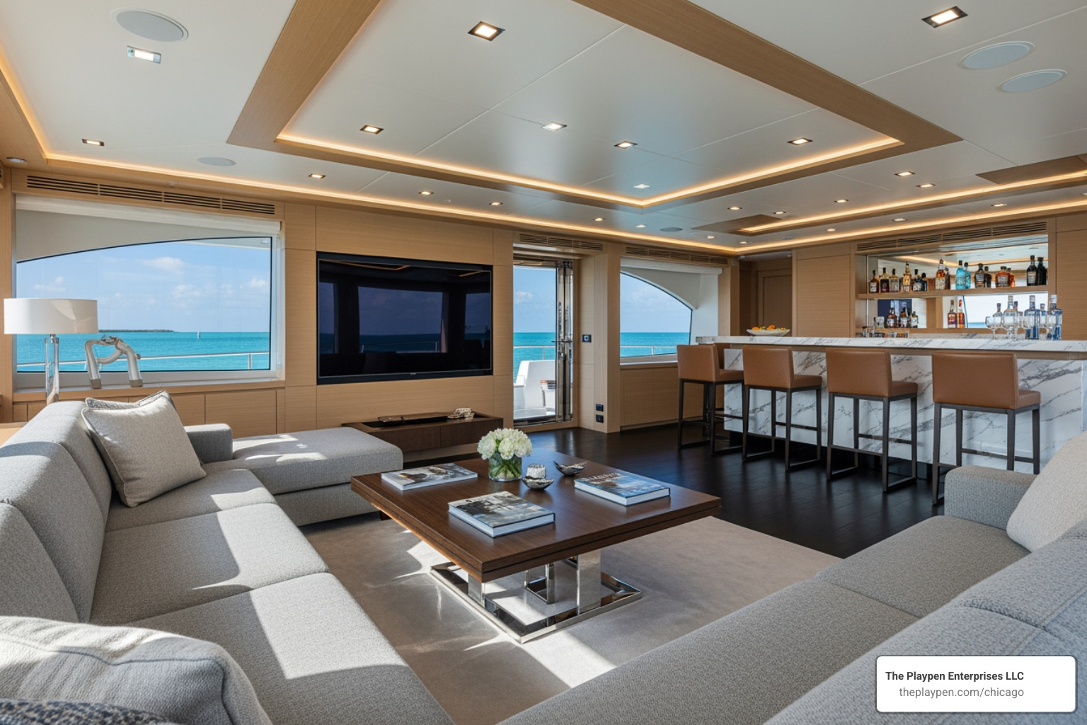 sleek, modern motor yacht's interior - exclusive boat charters chicago