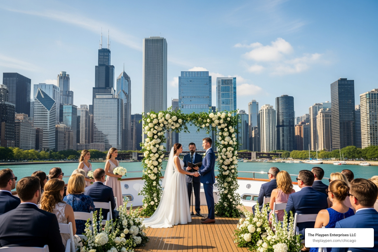 A wedding ceremony taking place on the deck of a yacht, with the Chicago city skyline visible in the background - Premier yacht charters