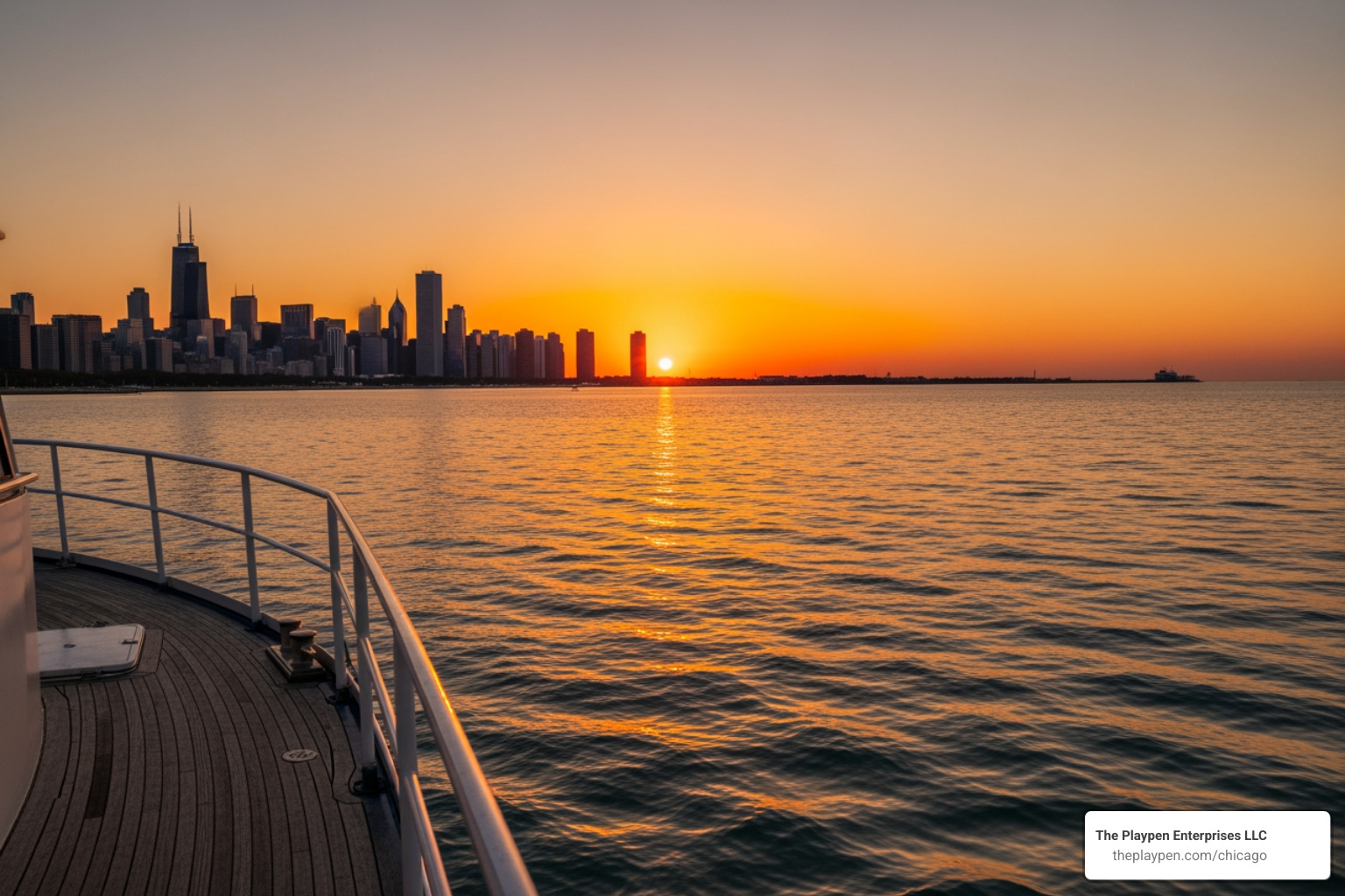 of a sunset over Lake Michigan from the deck of a boat - Bachelorette party boat Chicago