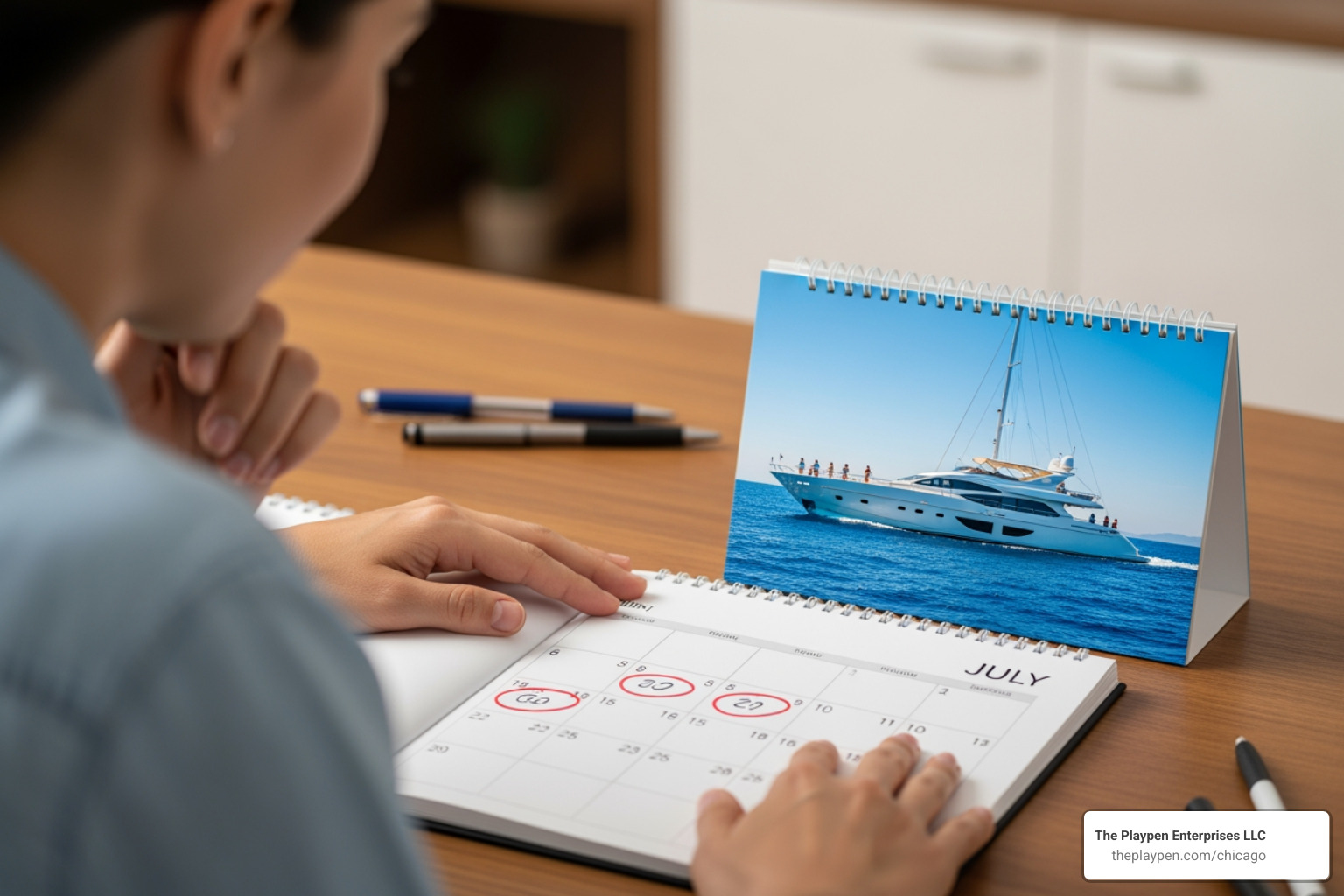 Person looking at a calendar and a yacht photo, symbolizing the planning process - birthday yacht party Person looking at a calendar and a yacht photo, symbolizing the planning process - birthday yacht party