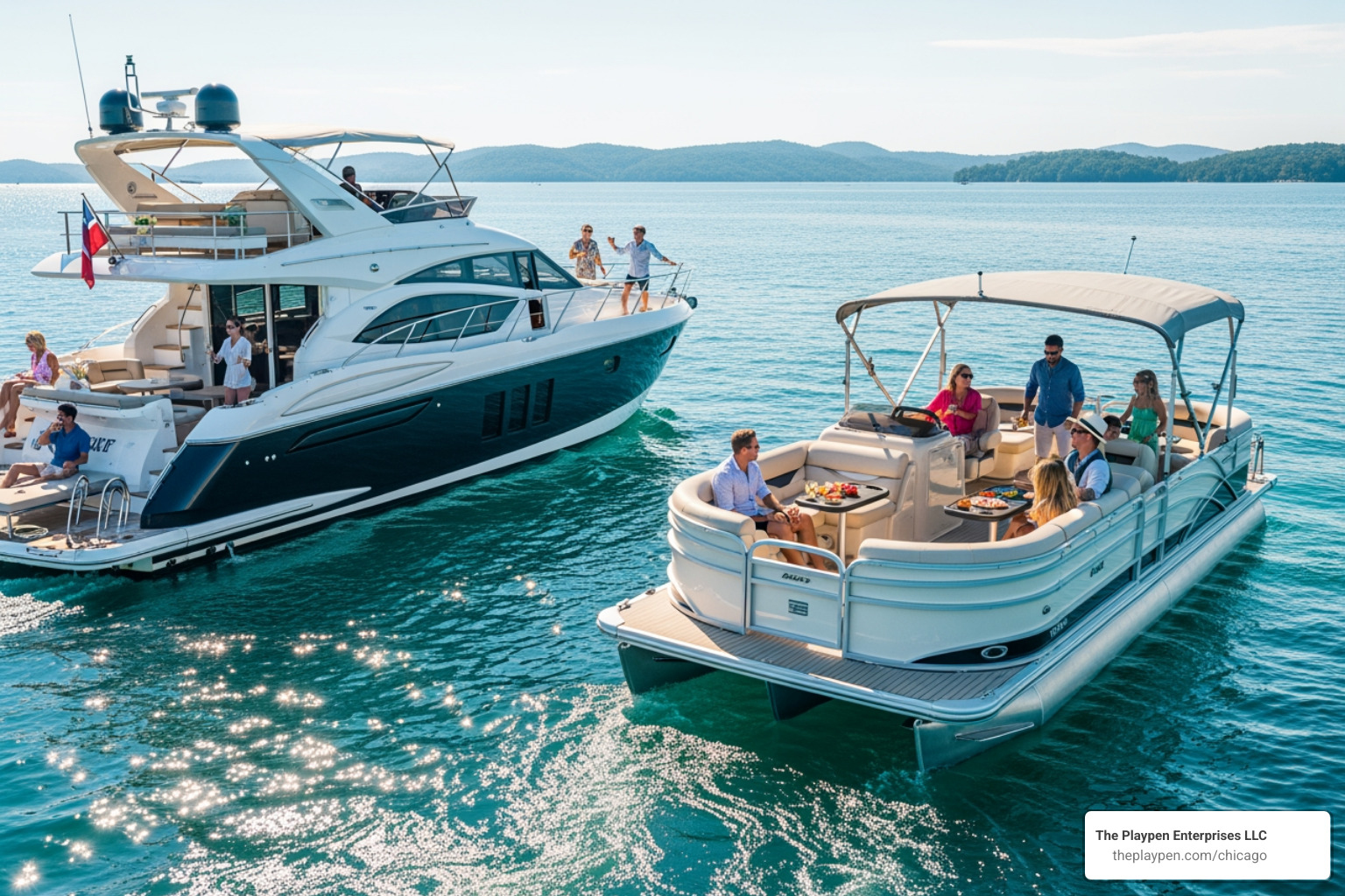 Different types of yachts for parties, including a sleek motor yacht and a spacious pontoon boat - birthday yacht party Different types of yachts for parties, including a sleek motor yacht and a spacious pontoon boat - birthday yacht party