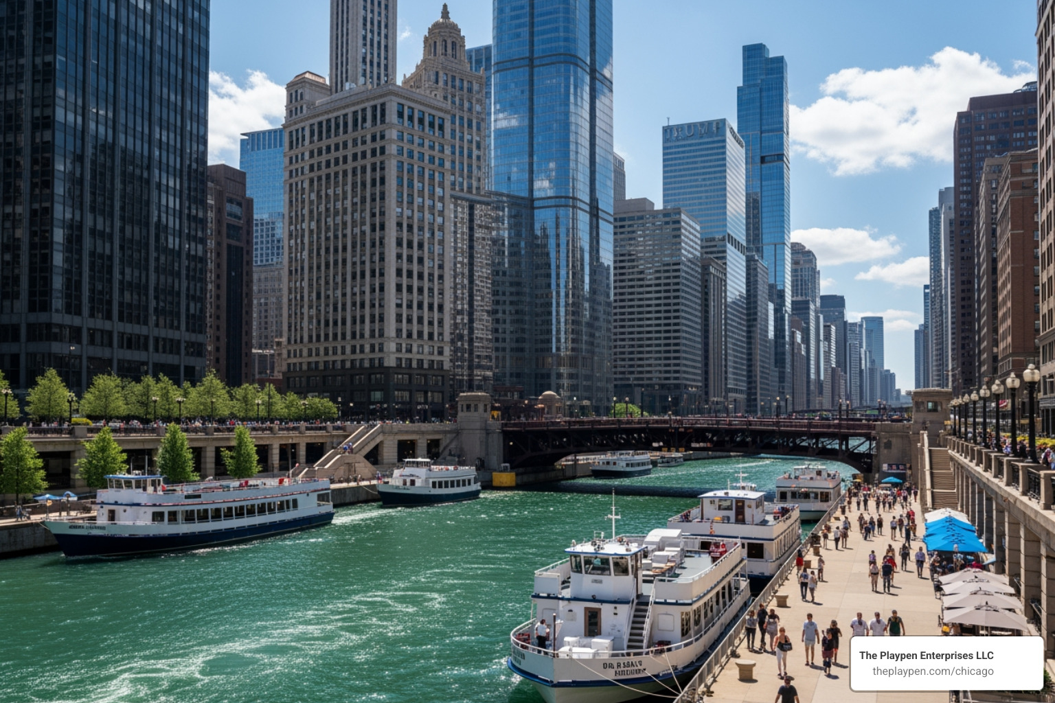 Chicago Riverwalk with boats docked - chicago boat ride tickets