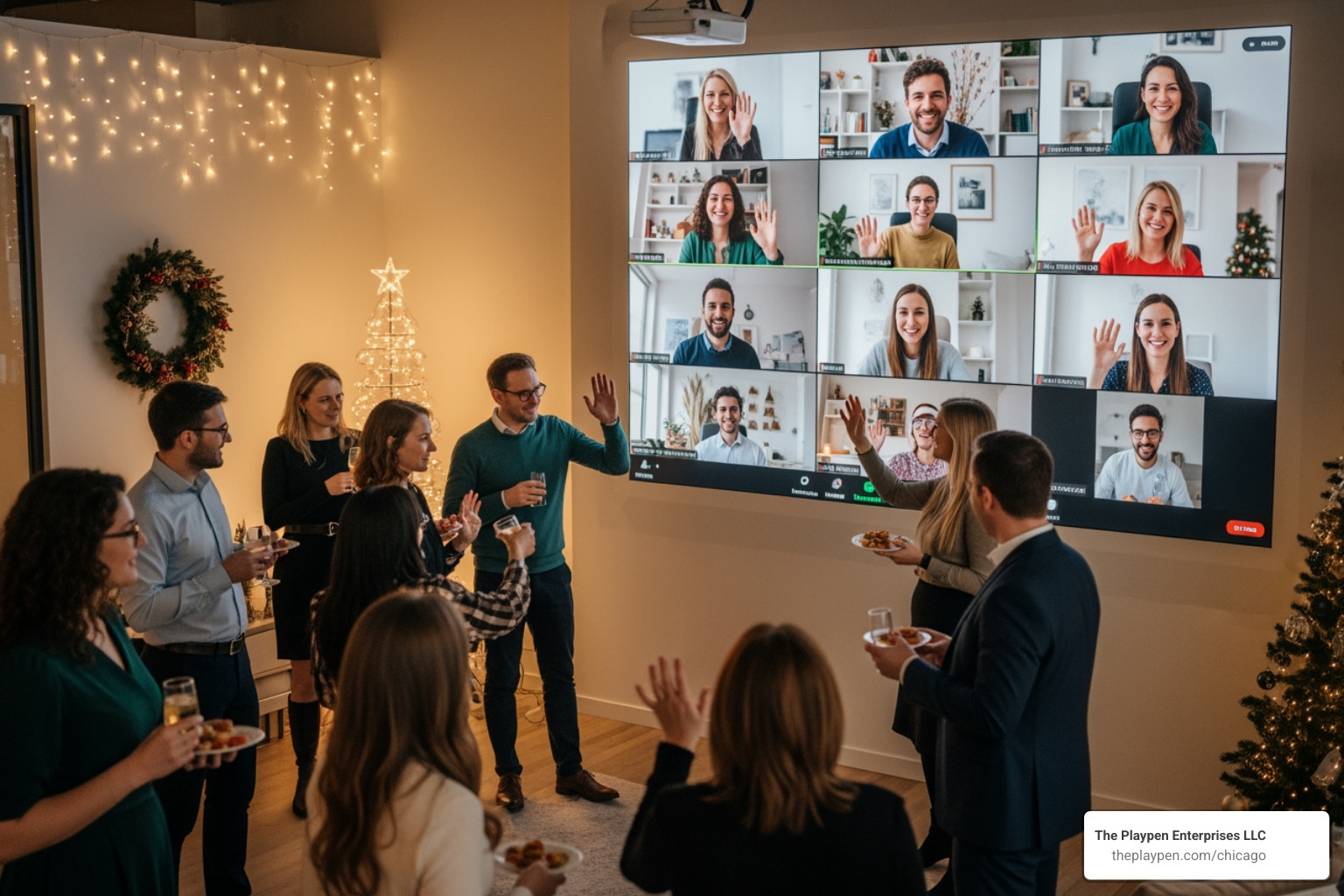 hybrid party with some employees on a large screen interacting with in-person attendees - corporate holiday party