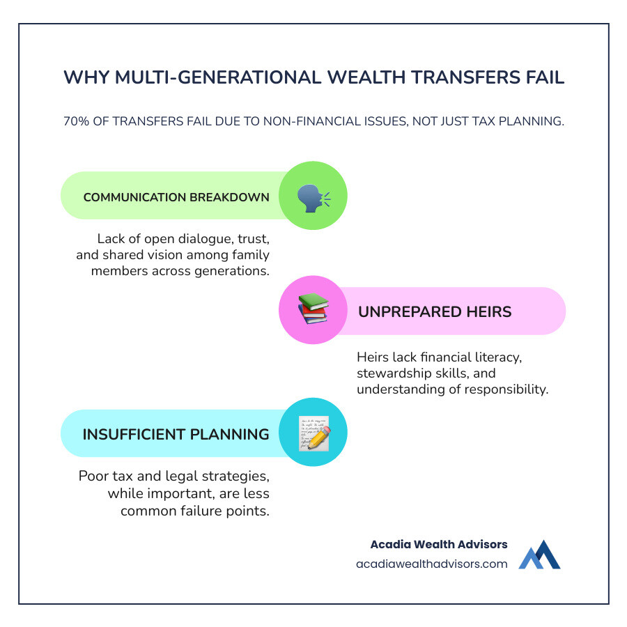 Infographic showing the three primary reasons multi-generational wealth transfers fail: 1) Breakdown in family communication and trust (shown as the largest segment), 2) Unprepared heirs lacking financial literacy and stewardship skills (second largest), and 3) Poor tax and legal planning (smallest segment). The graphic emphasizes that the majority of failures stem from the first two factors, not technical planning mistakes. - estate planning for multi-generational wealth transfer infographic infographic-line-3-steps-colors