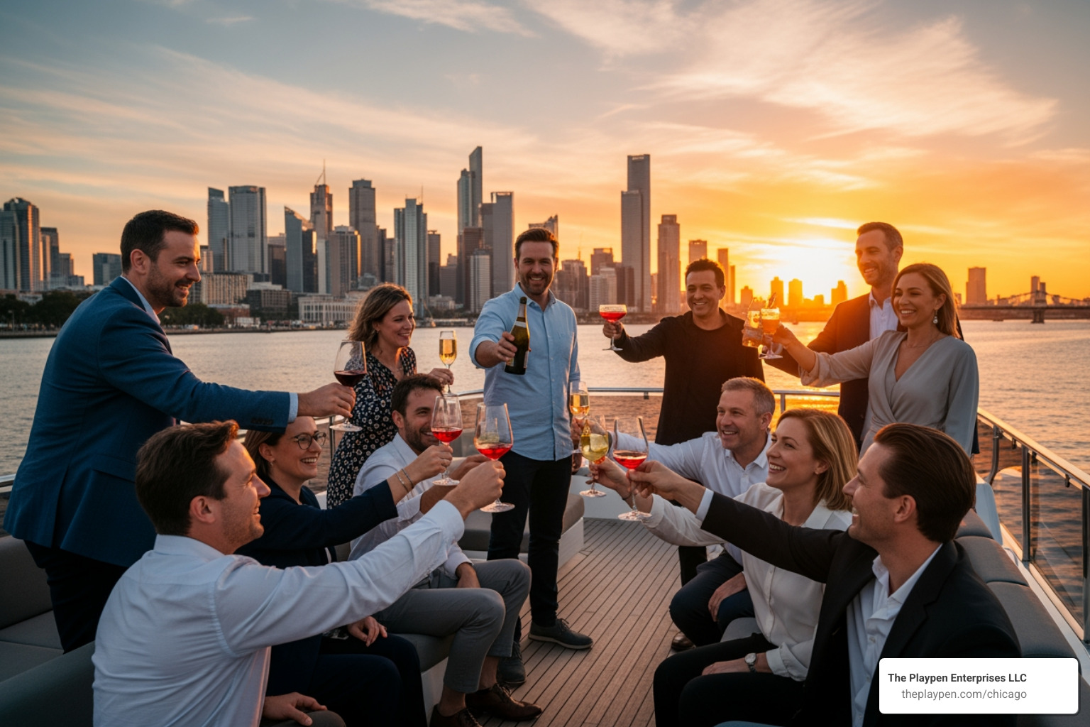 image of a group toasting drinks on a boat during a sunset cruise - boat rental chicago playpen