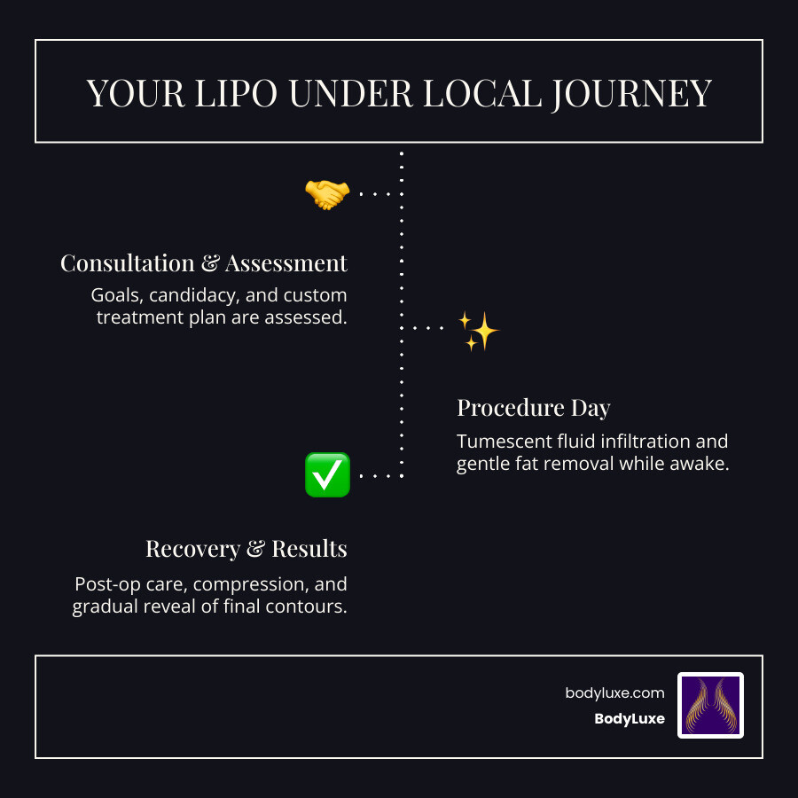 infographic showing the patient journey for lipo under local: consultation and candidacy assessment, tumescent fluid infiltration on procedure day, awake fat removal with patient positioning, compression garment recovery phase, and final results timeline - Lipo under local infographic infographic-line-3-steps-dark