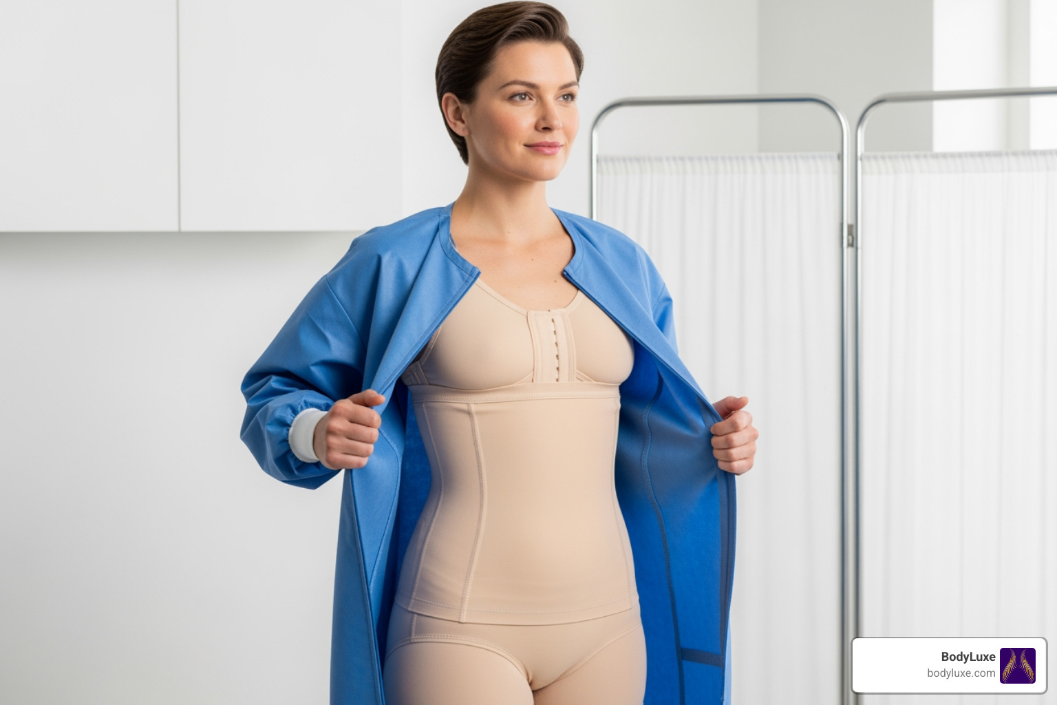 patient wearing post-surgical compression garment - awake surgery tummy tuck