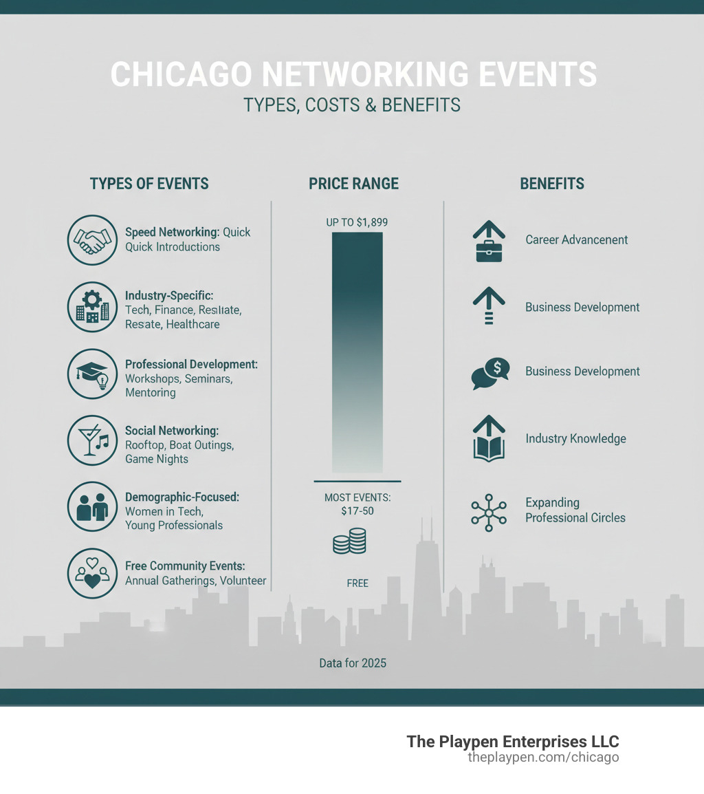 Infographic showing types of Chicago networking events: Speed Networking (quick introductions with multiple professionals), Industry-Specific Mixers (tech, finance, real estate, healthcare gatherings), Professional Development (workshops, seminars, mentoring sessions), Social Networking (rooftop events, boat outings, game nights), Demographic-Focused (women in tech, diversity events, young professionals), and Free Community Events (annual gatherings, volunteer networking). Price ranges from free to $1,899, with most events $17-$50. Benefits include career advancement, business development, industry knowledge, and expanding professional circles. - Networking events Chicago infographic 