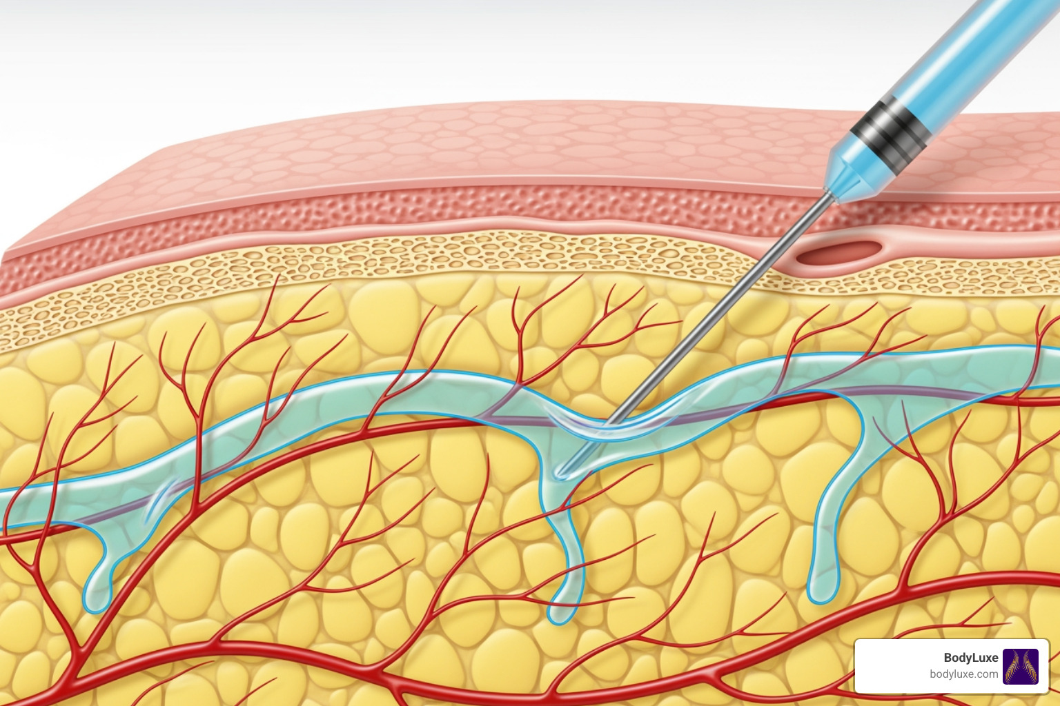 a diagram showing the infiltration of tumescent fluid into the subcutaneous fat layer - Lipo under local