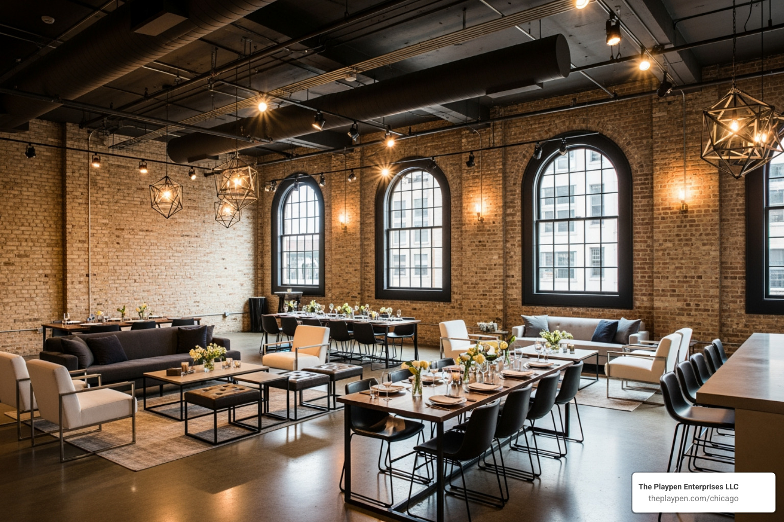 Trendy loft-style event space in the West Loop with exposed brick walls, high ceilings, and modern lighting - Chicago private parties