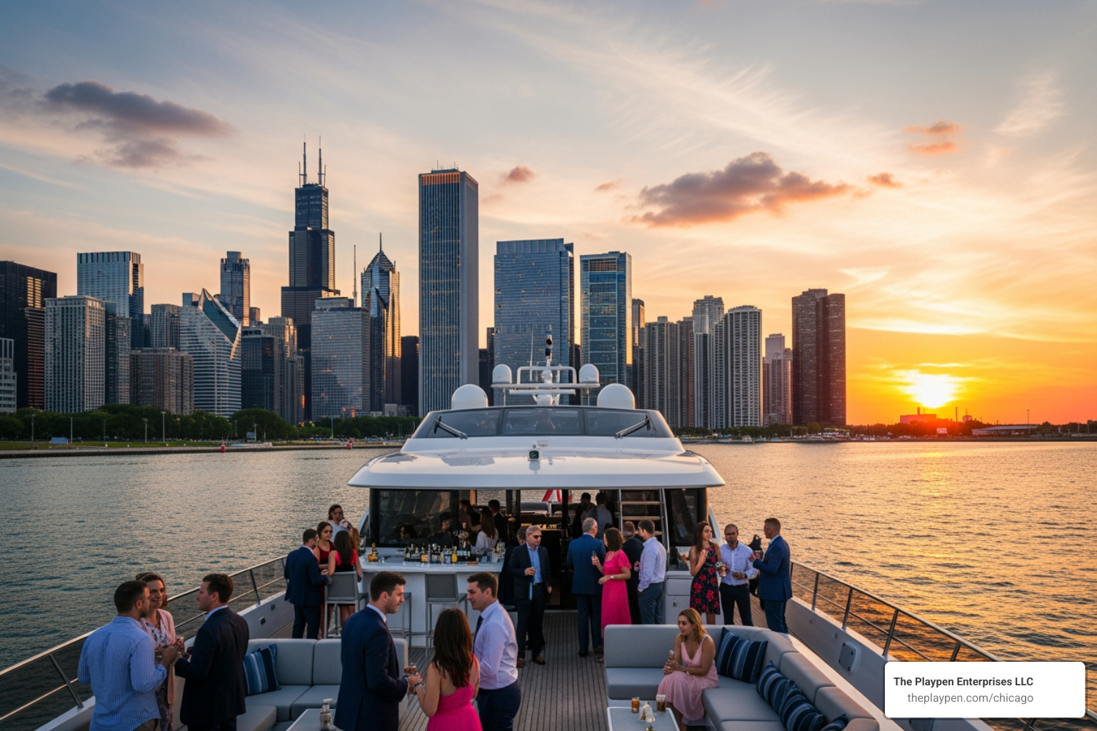 Party on a yacht on Lake Michigan with the Chicago skyline in the background at sunset - Chicago private parties