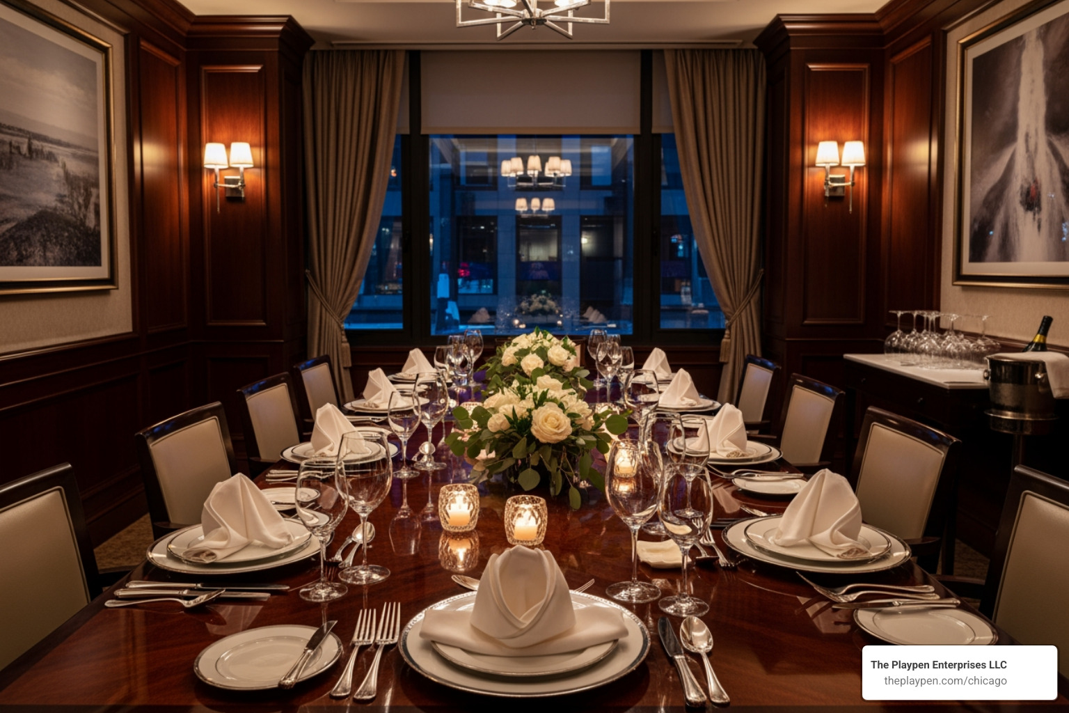 Neat private dining room in a Chicago restaurant with a long table and elegant place settings - Chicago private parties