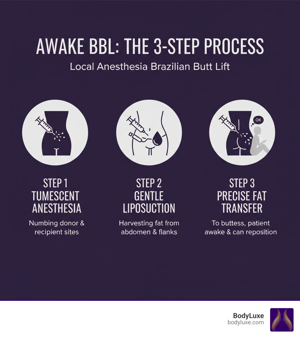 infographic showing the three main steps of awake BBL: tumescent anesthesia numbing donor and recipient sites, gentle liposuction to harvest fat from abdomen and flanks, and precise fat transfer to buttocks while patient remains conscious and can reposition - Local anesthesia BBL infographic 