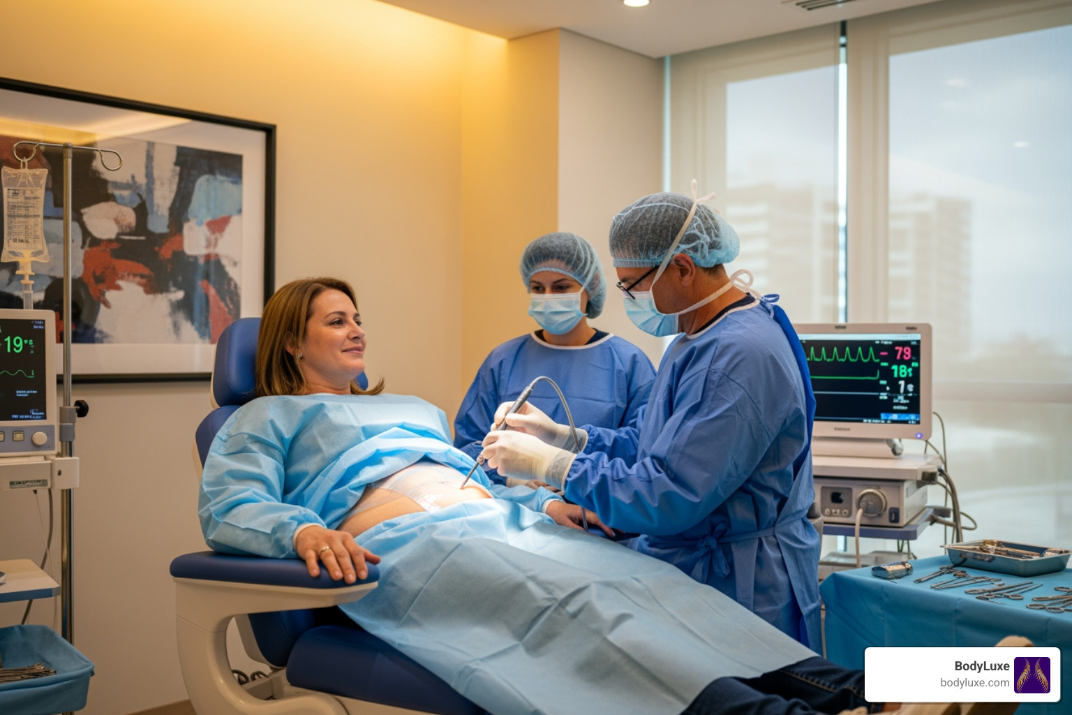 awake liposuction procedure with surgeon and patient - Lipo under local