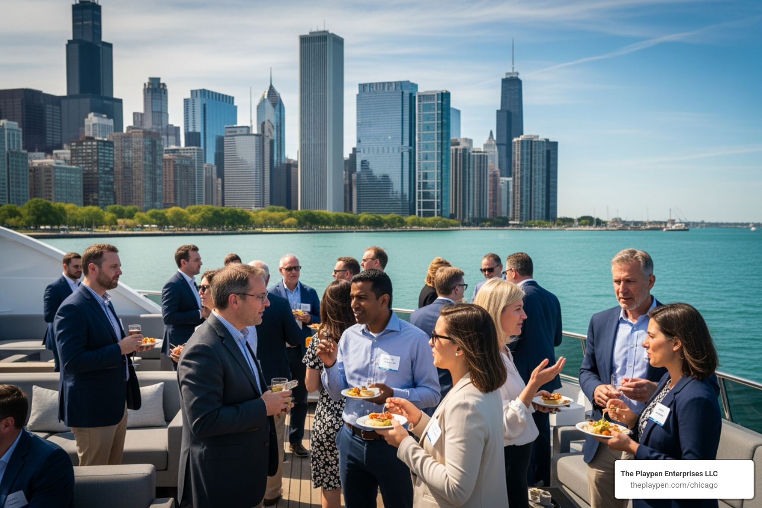 People networking on a boat on Lake Michigan with Chicago skyline - Networking events Chicago
