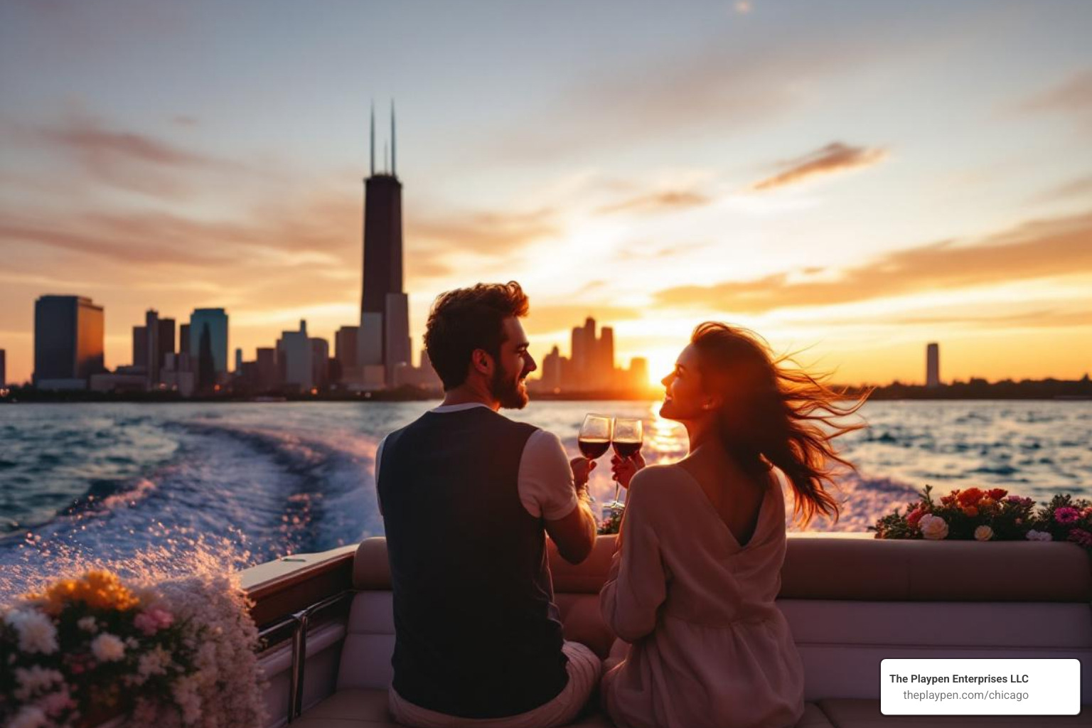 couple enjoying a sunset cruise on Lake Michigan - yacht ride chicago