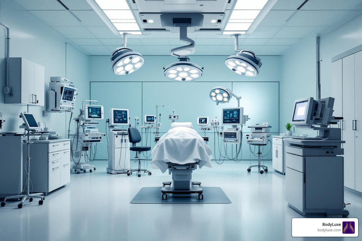 Modern, clean operating room setup for an awake procedure - BBL under local anesthesia Modern, clean operating room setup for an awake procedure - BBL under local anesthesia