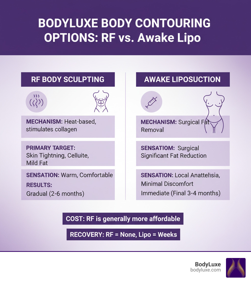 infographic summarizing how RF body sculpting differs from other body contouring options offered at BodyLuxe (such as awake liposuction) - body sculpting radio frequency infographic 