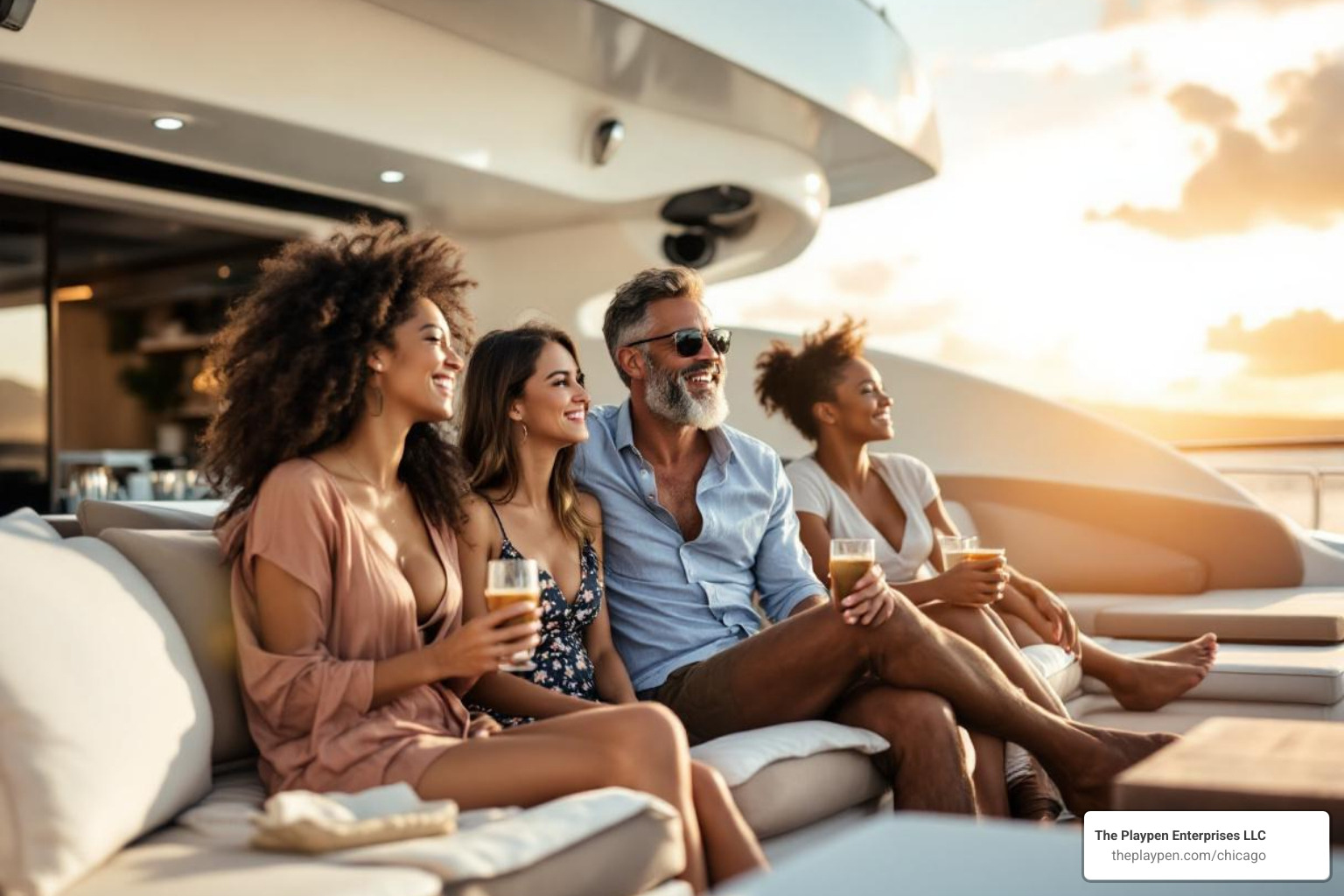 group of friends enjoying the sundeck and amenities on a yacht - yacht ride chicago