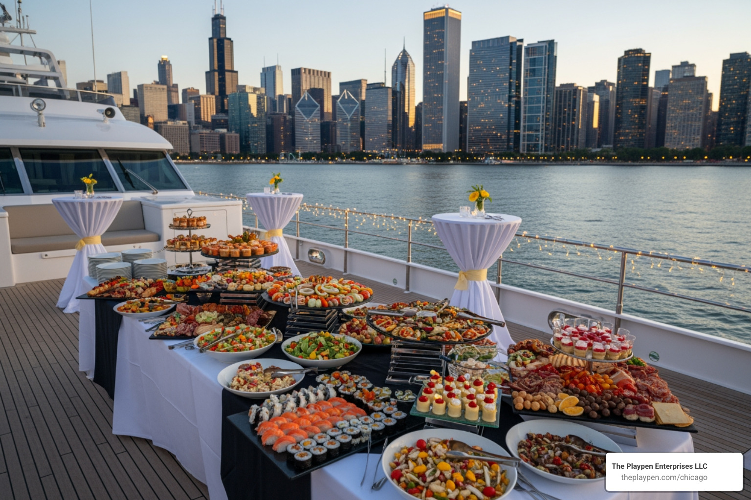 beautifully catered food spread on a yacht for a special event - yacht ride chicago