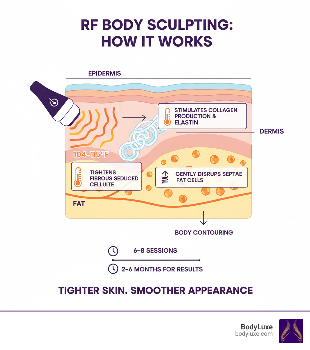 detailed infographic showing how RF energy penetrates skin layers, heats the dermis to stimulate collagen production, tightens fibrous septae to reduce cellulite, and gently disrupts fat cells for body contouring - body sculpting radio frequency infographic 