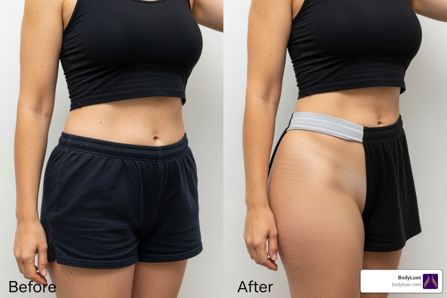 before-and-after photos of RF results on arms and thighs - body sculpting radio frequency