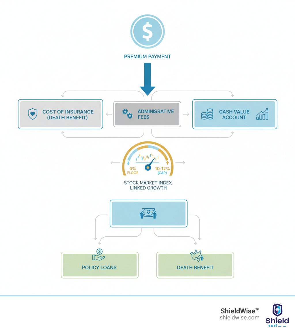 infographic showing the flow of an IUL premium payment: dollar enters at top, splits three ways into Cost of Insurance (death benefit coverage), Administrative Fees, and Cash Value Account, with Cash Value Account connected to a stock market index gauge showing cap and floor limits, and arrows pointing to Policy Loans and Death Benefit as outputs - How does IUL work infographic 