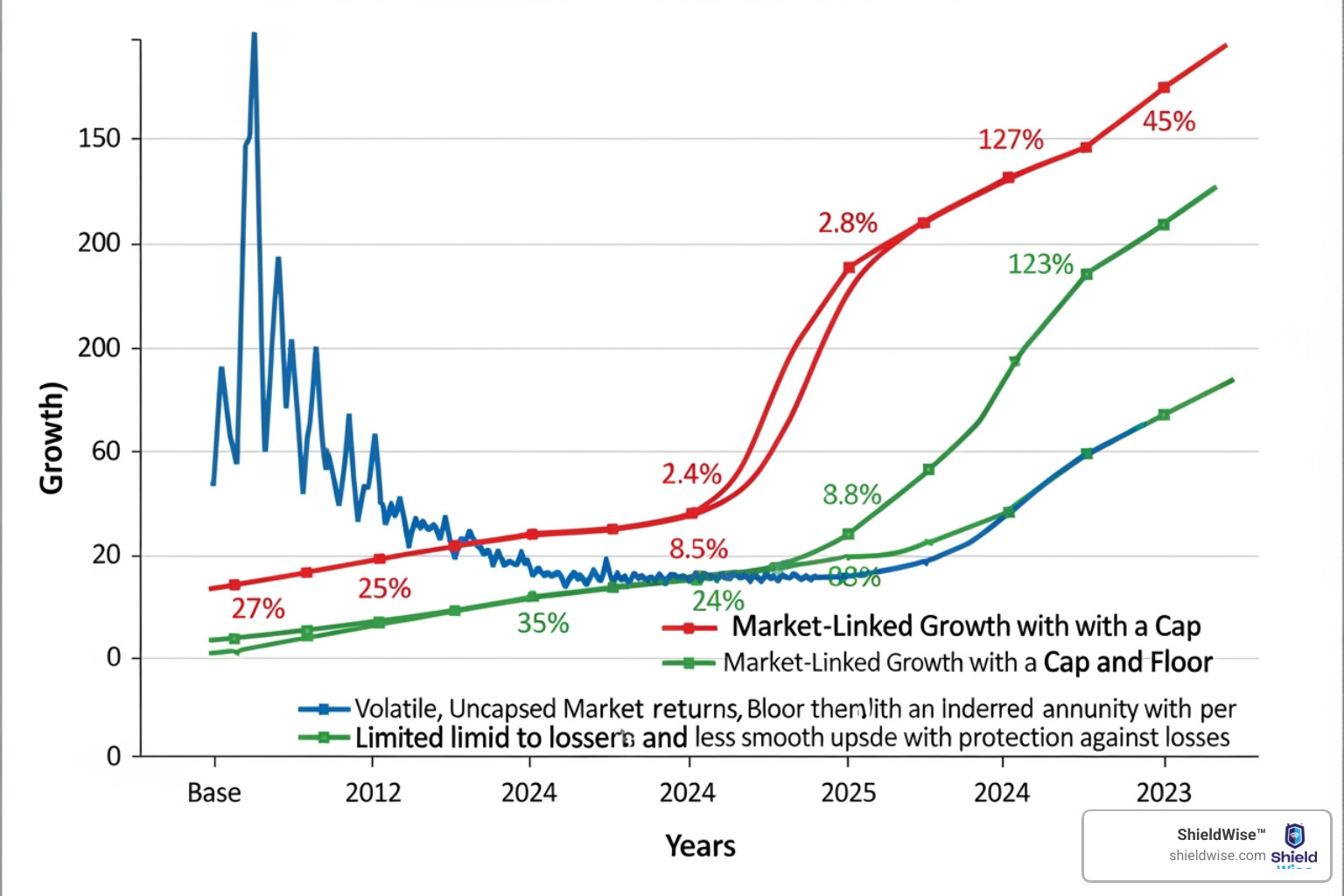 image of a chart comparing uncapped stock market returns to the capped and floored returns of an IUL over several years - How does IUL work