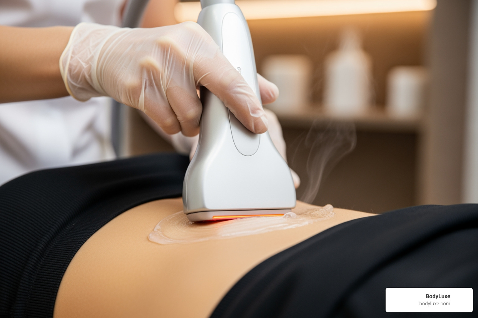 diagram showing skin layers, collagen, and fat cells targeted by RF energy - body sculpting radio frequency
