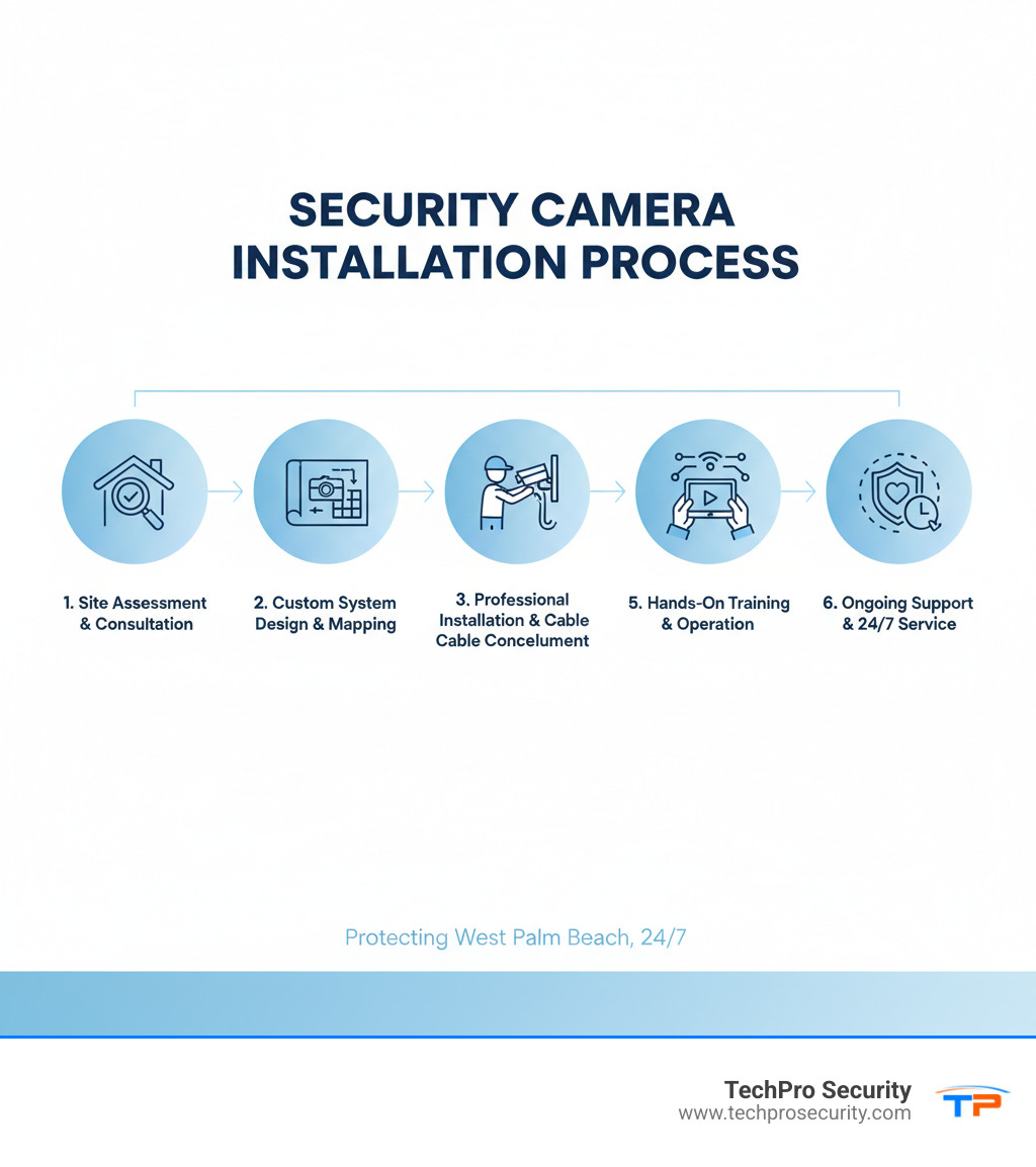 Infographic showing the security camera installation process: 1. Free consultation and site assessment, 2. Custom system design with camera placement map, 3. Professional installation with cable concealment, 4. Network configuration and remote access setup, 5. Hands-on training for system operation, 5. Ongoing support with lifetime technical assistance and 24/7 emergency service - security camera installation west palm beach infographic 