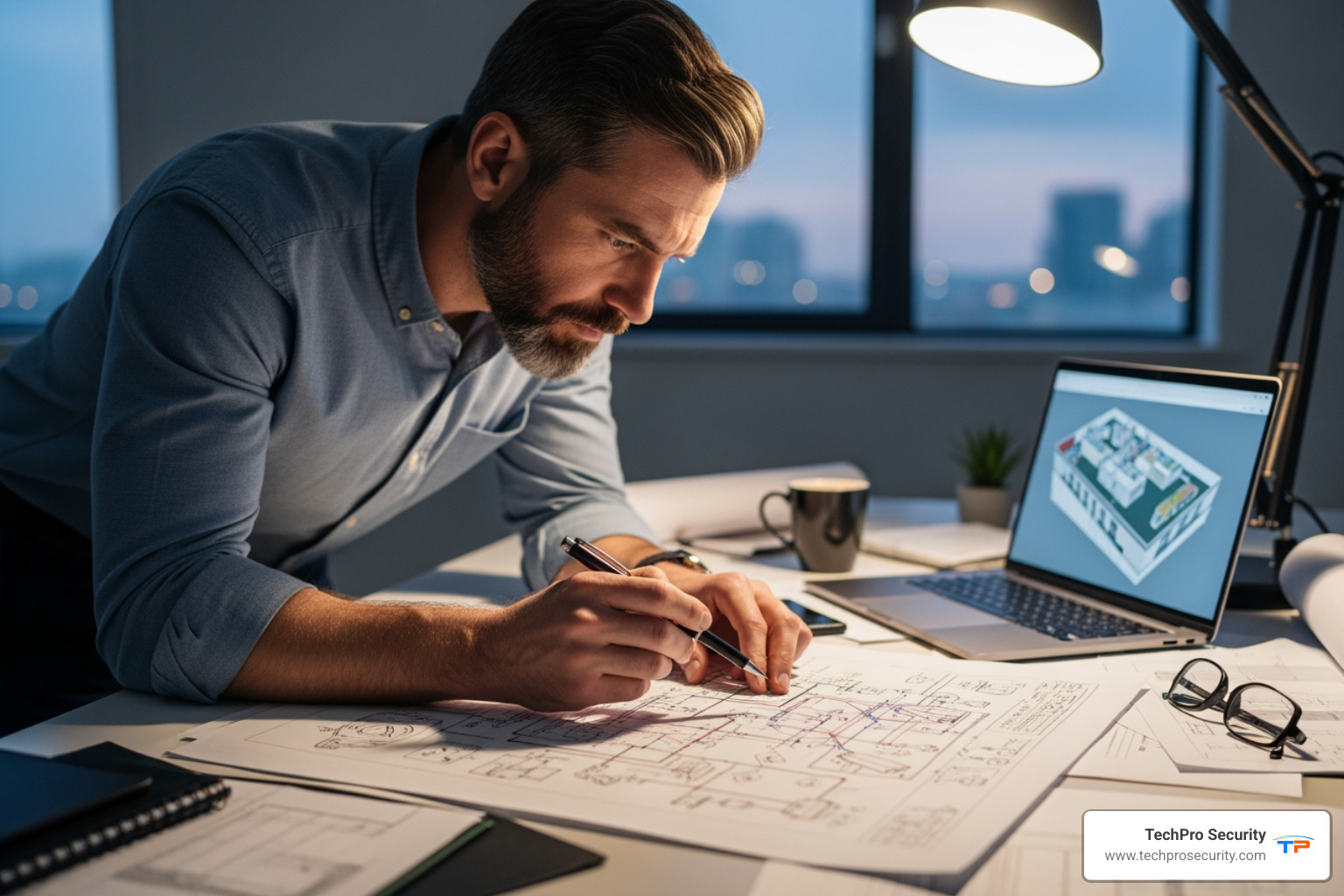 Person looking thoughtfully at a security camera blueprint - security camera installation west palm beach