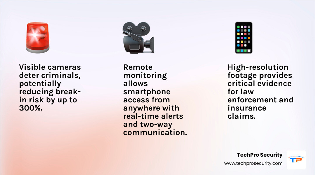 infographic showing three main benefits of home surveillance systems: deterrence with visible cameras reducing break-in risk by up to 300 percent, evidence collection with high-resolution footage for law enforcement and insurance claims, and remote monitoring allowing smartphone access from anywhere with real-time alerts and two-way communication - home video surveillance system boca raton infographic 3_facts_emoji_light-gradient