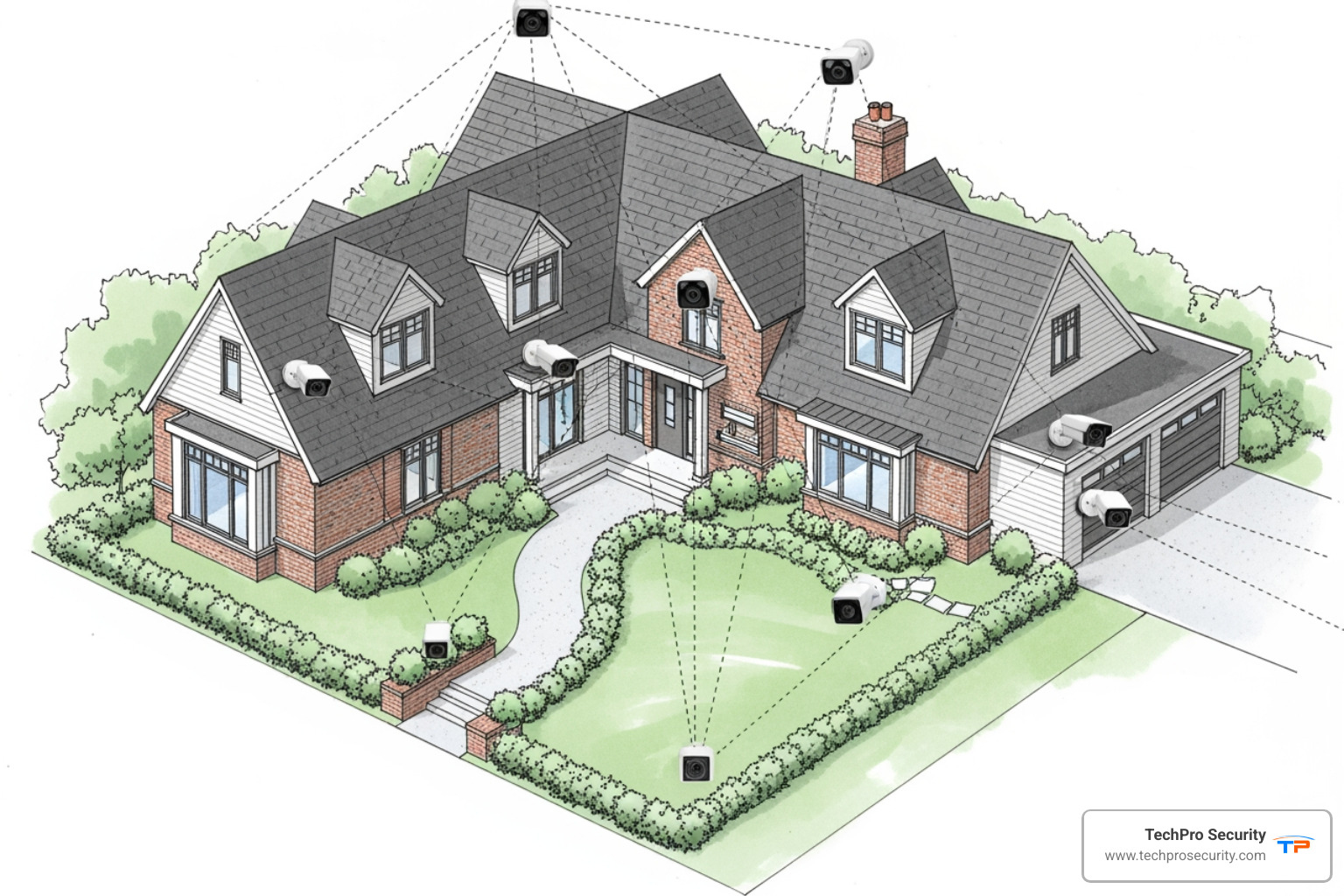 optimal camera placement on a home diagram to avoid blind spots - home video surveillance system boca raton