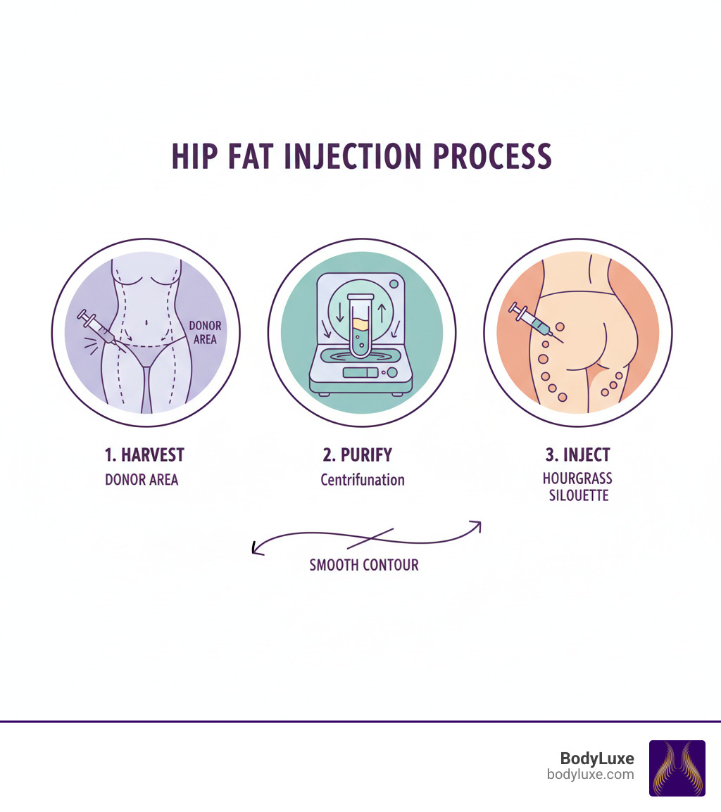 Hip fat injection process infographic showing three steps: liposuction from donor area like abdomen or thighs, purification of harvested fat cells through centrifugation, and injection into hip dips to create smooth contour and hourglass silhouette - hip fat injections infographic Hip fat injection process infographic showing three steps: liposuction from donor area like abdomen or thighs, purification of harvested fat cells through centrifugation, and injection into hip dips to create smooth contour and hourglass silhouette - hip fat injections infographic