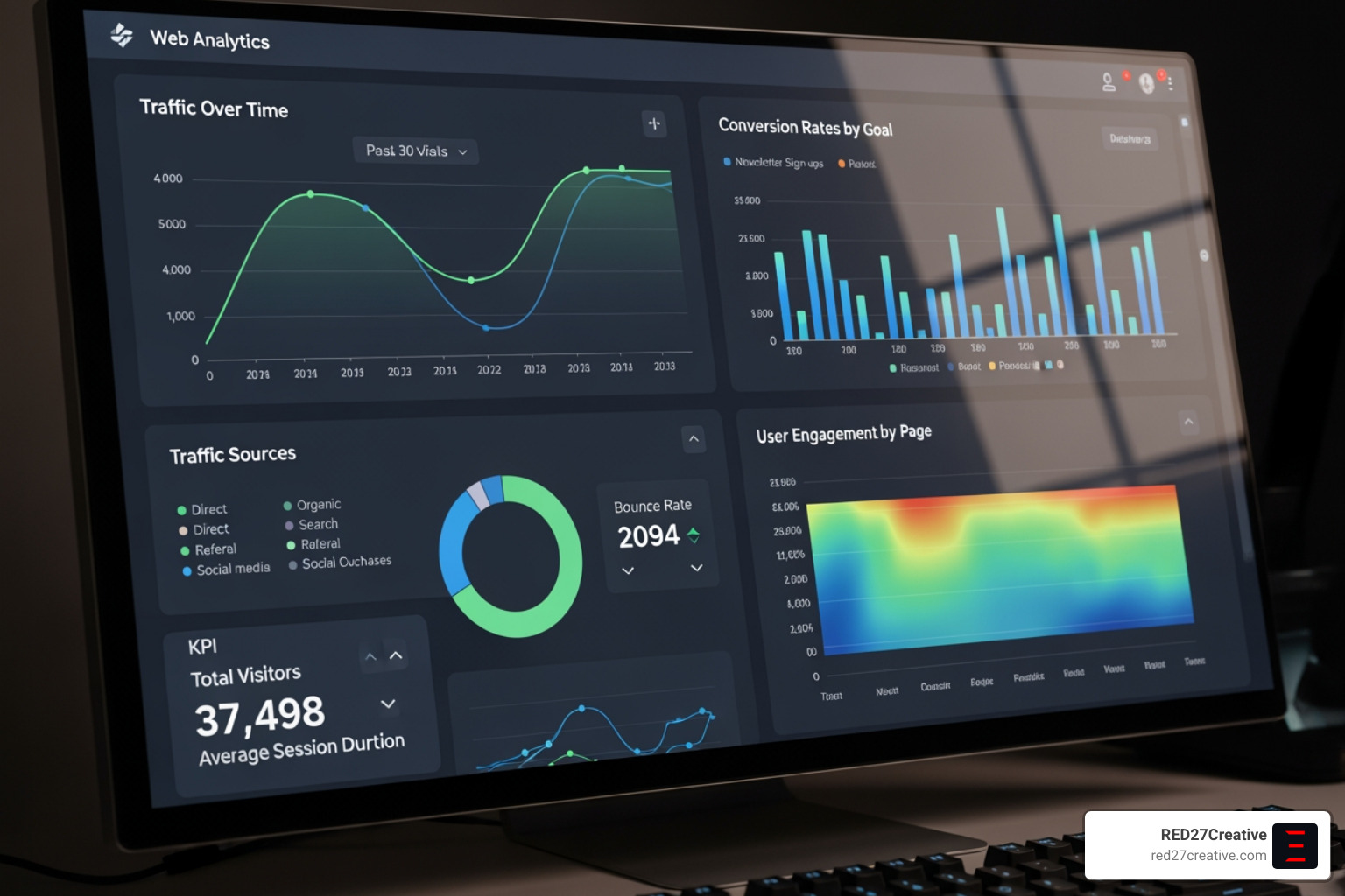 Image showing a dashboard with various web analytics metrics and data visualizations - Data driven web design Image showing a dashboard with various web analytics metrics and data visualizations - Data driven web design