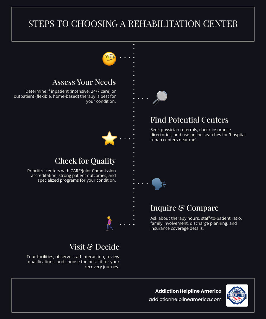 Infographic explaining the steps to choosing a rehab center - hospital rehab centers near me infographic infographic-line-5-steps-dark