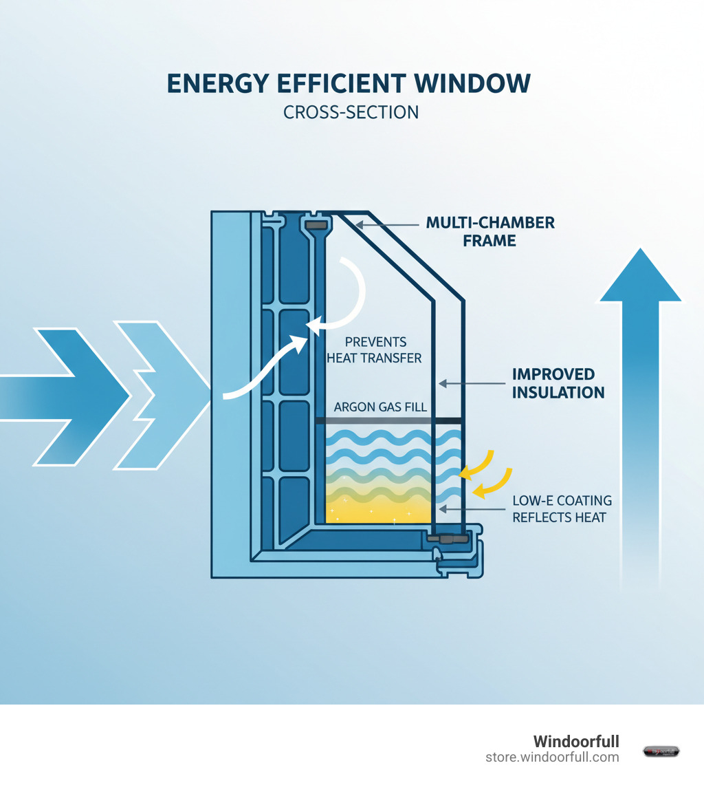 Infographic showing cross-section of energy efficient uPVC window with labeled components: multi-chamber frame preventing heat transfer, Low-E glass coating reflecting heat, argon gas fill between panes, and thermal break technology, with arrows indicating reduced energy loss and improved insulation - energy efficient uPVC windows infographic Infographic showing cross-section of energy efficient uPVC window with labeled components: multi-chamber frame preventing heat transfer, Low-E glass coating reflecting heat, argon gas fill between panes, and thermal break technology, with arrows indicating reduced energy loss and improved insulation - energy efficient uPVC windows infographic