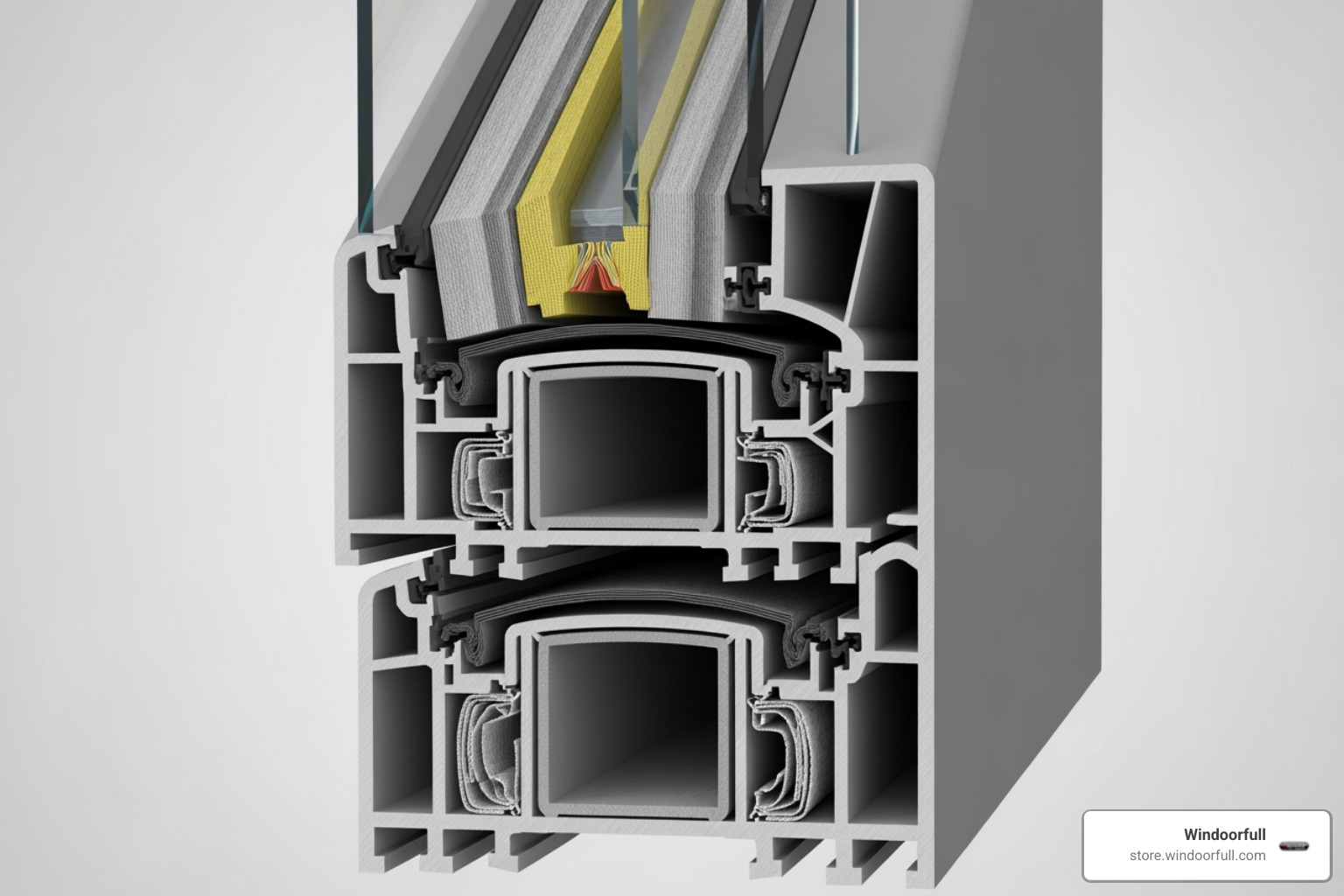 Cross-section of a multi-chambered uPVC window frame - energy efficient uPVC windows Cross-section of a multi-chambered uPVC window frame - energy efficient uPVC windows