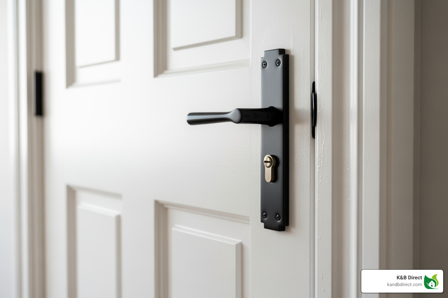 freshly painted white Shaker door with stylish matte black hardware - Shaker interior doors