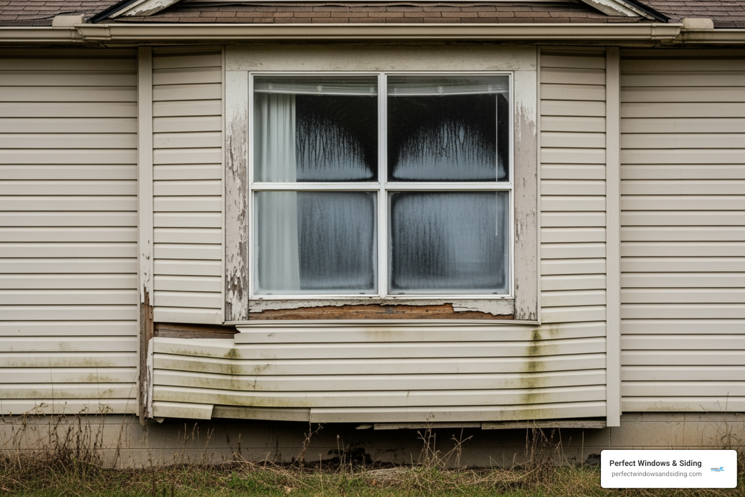 cracked vinyl siding and a window with condensation between the panes - window and siding repair near me