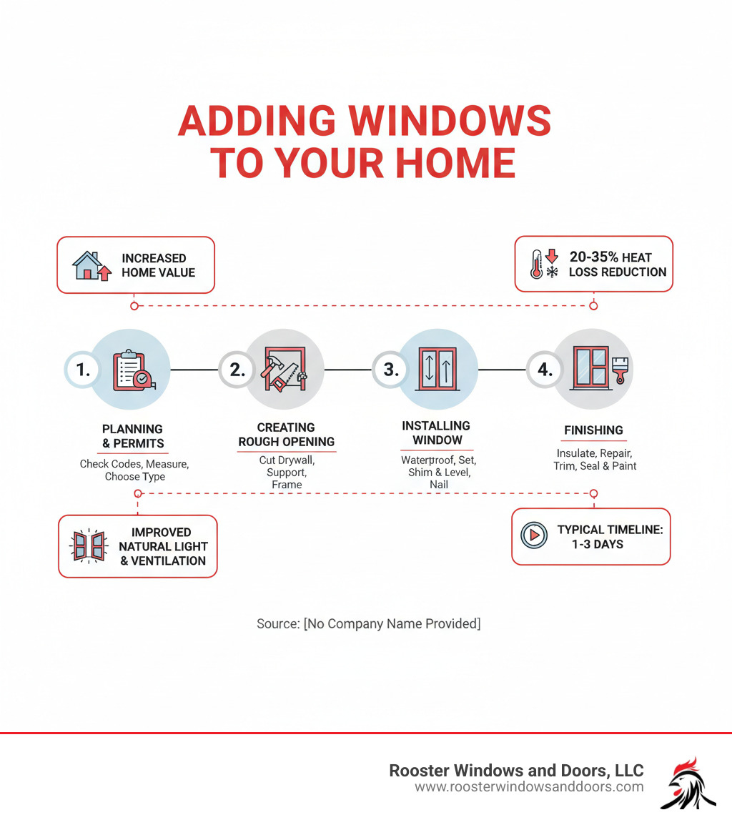 Infographic showing the step-by-step process of adding windows to a house: 1. Planning and permits (check codes, measure, choose window type), 2. Creating rough opening (cut drywall, support wall, frame opening with header and studs), 3. Installing window (waterproof sill, apply flashing, set window, shim and level, nail flange), 4. Finishing (insulate gaps, repair drywall, install trim, seal and paint). Includes callout boxes for key benefits: 20-35% heat loss reduction, increased home value, improved natural light and ventilation, and typical timeline of 1-3 days. - adding windows to a house infographic 