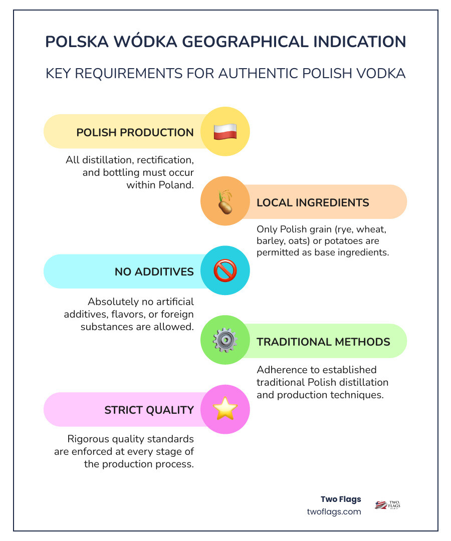 Infographic showing the Polska Wódka geographical indication requirements: All production must occur in Poland, only grain or potato base ingredients allowed, no additives permitted, traditional distillation methods required, strict quality standards enforced - luxury Polish vodka infographic infographic-line-5-steps-colors