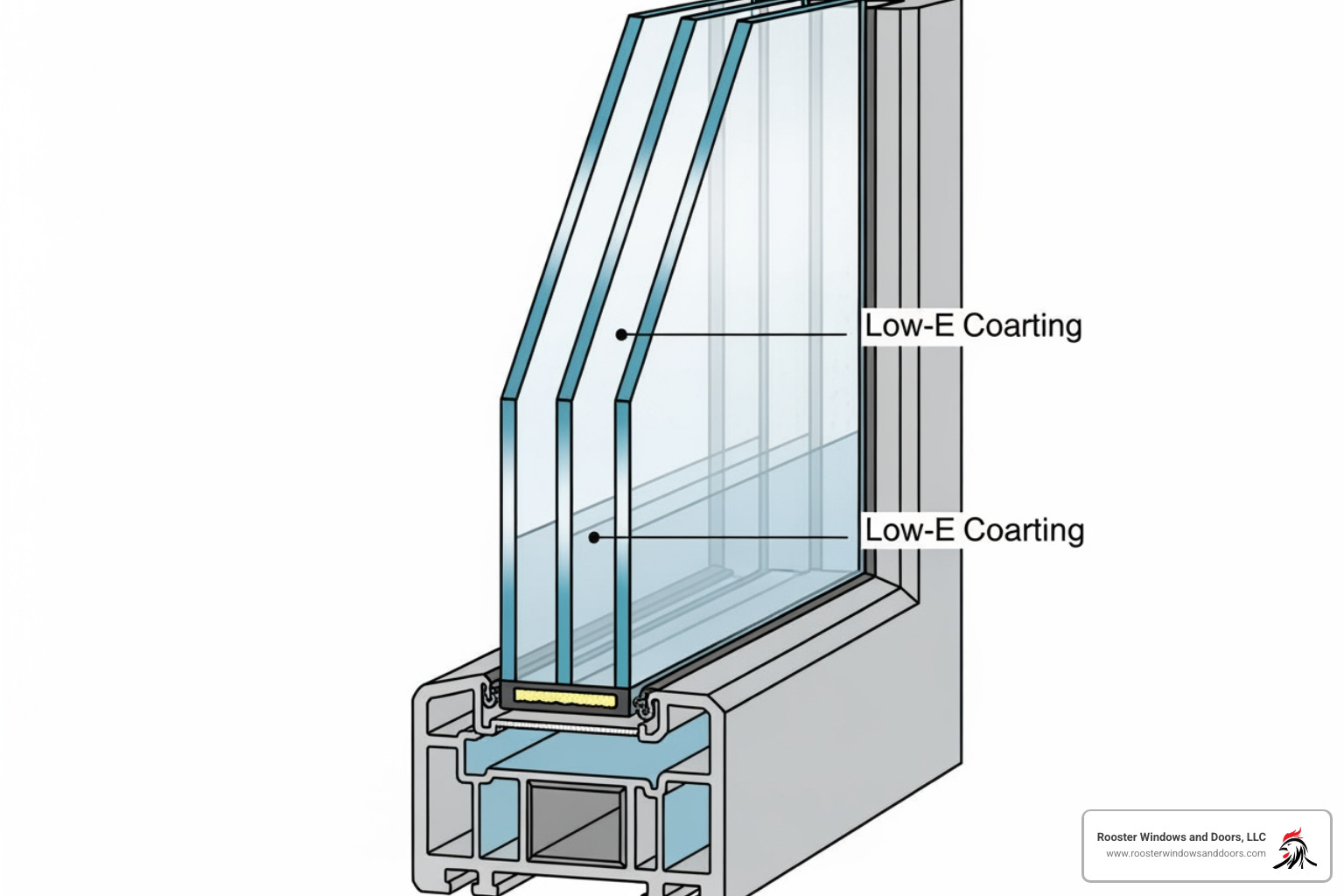 cross-section of a triple pane window showing the three panes, gas fills, and Low-E coatings - triple pane windows