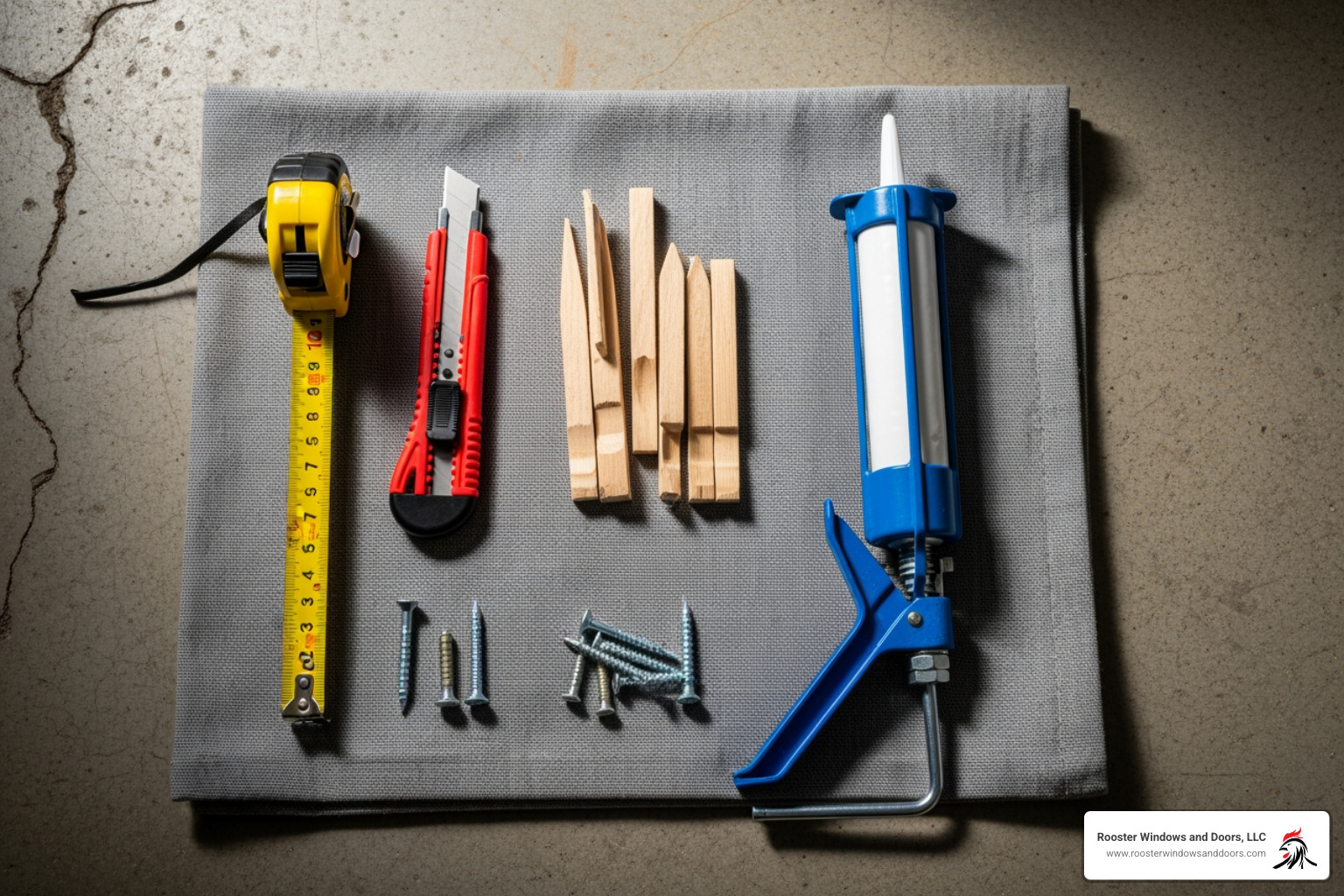 Tools and materials laid out on a drop cloth - how to install basement windows Tools and materials laid out on a drop cloth - how to install basement windows