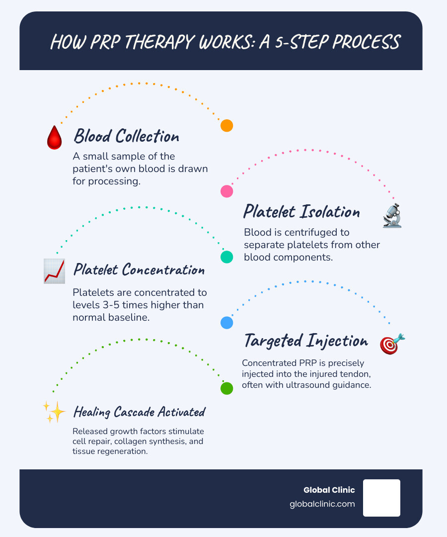Infographic showing PRP therapy process: Step 1 shows blood being drawn from patient's arm into collection tube; Step 2 shows blood being processed in centrifuge machine to separate platelets; Step 3 shows concentrated platelet-rich plasma being injected with ultrasound guidance into affected tendon area; includes labels for each step and shows platelet concentration increasing from 3-5x normal baseline levels - PRP for tendinopathy infographic infographic-line-5-steps-blues-accent_colors Infographic showing PRP therapy process: Step 1 shows blood being drawn from patient's arm into collection tube; Step 2 shows blood being processed in centrifuge machine to separate platelets; Step 3 shows concentrated platelet-rich plasma being injected with ultrasound guidance into affected tendon area; includes labels for each step and shows platelet concentration increasing from 3-5x normal baseline levels - PRP for tendinopathy infographic infographic-line-5-steps-blues-accent_colors