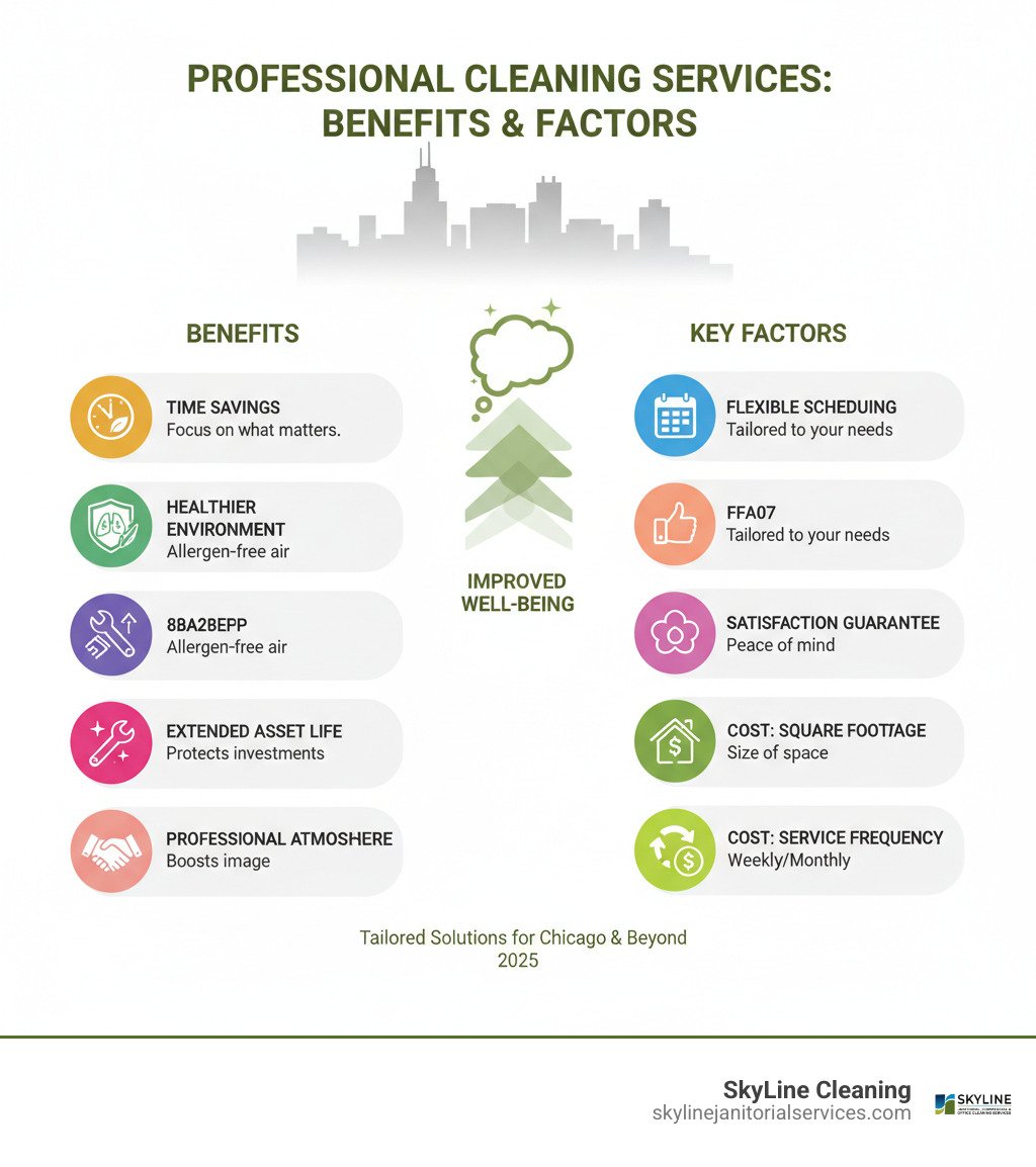 Infographic comparing professional cleaning services benefits including time savings, health improvements through allergen removal, extended asset life, professional atmosphere, flexible scheduling options, satisfaction guarantees, and cost factors like square footage and service frequency - chicago cleaning services infographic 