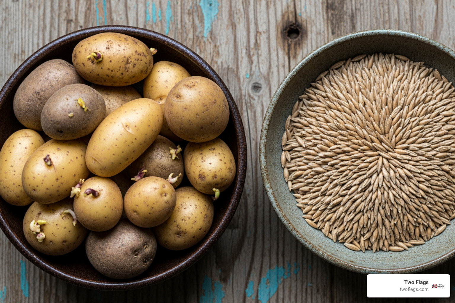 raw potatoes and rye grains in separate bowls - luxury Polish vodka