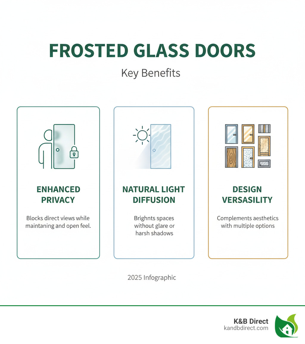 Infographic showing the three main benefits of frosted glass doors: 1. Enhanced Privacy - blocks direct views while maintaining an open feel, 2. Natural Light Diffusion - brightens spaces without glare or harsh shadows, 3. Design Versatility - complements both modern and traditional aesthetics with multiple frame materials, glass patterns, and door styles available - frosted glass doors infographic 